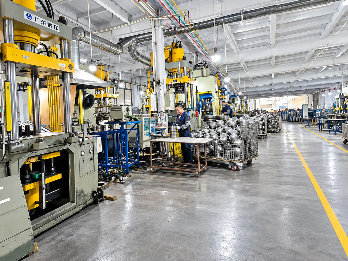 Stainless steel cookware production workshop with presses and cookware bodies