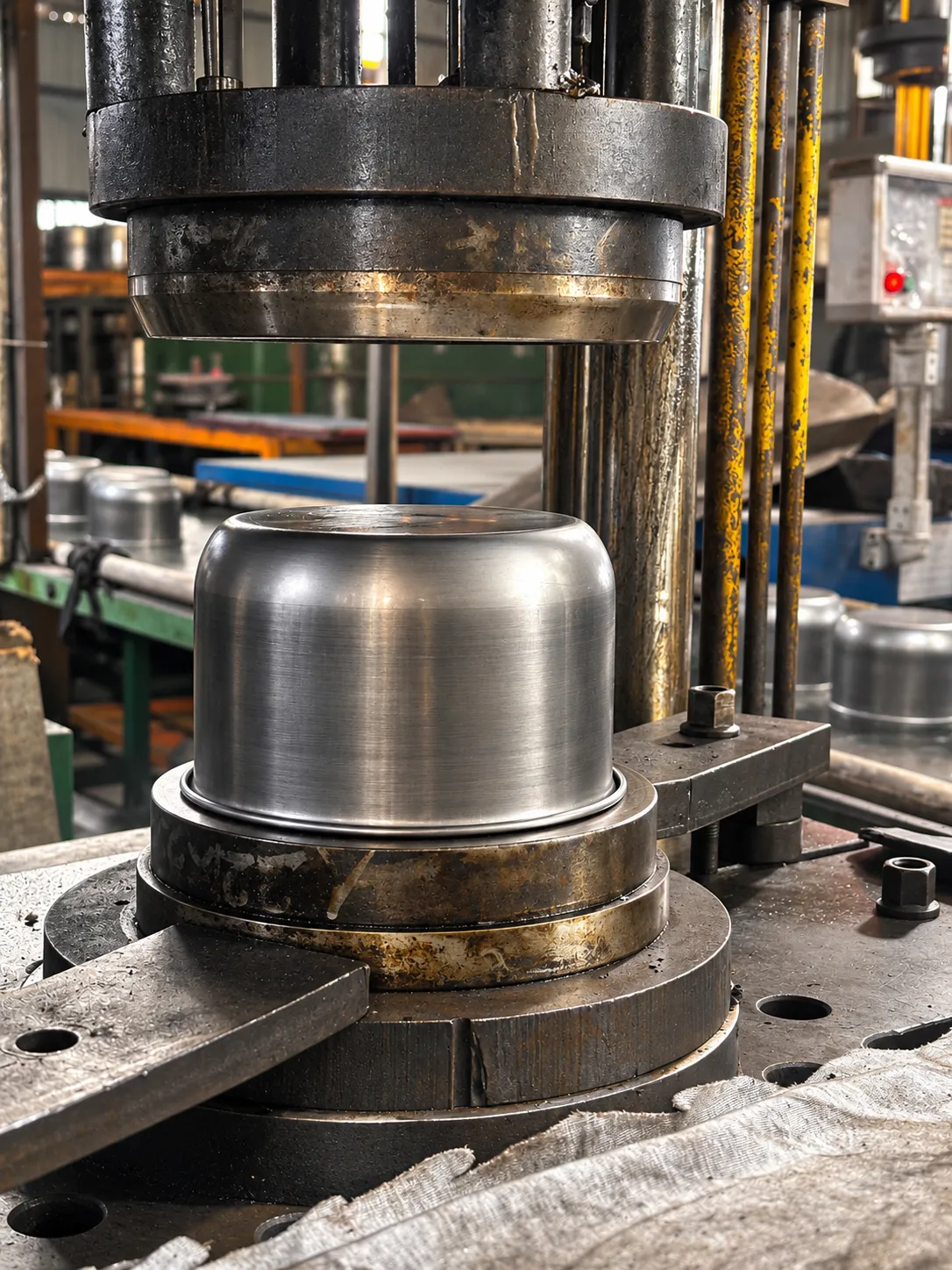 Stainless steel pot body positioned in rim-forming tooling