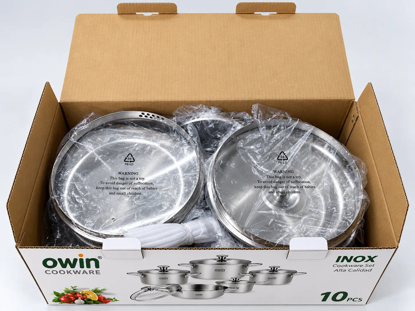 OWIN cookware set packed in protective bags inside a branded retail box