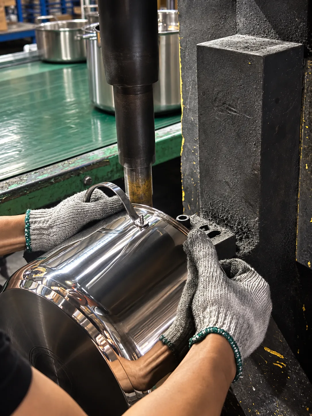 Gloved hands securing a cookware handle during component assembly
